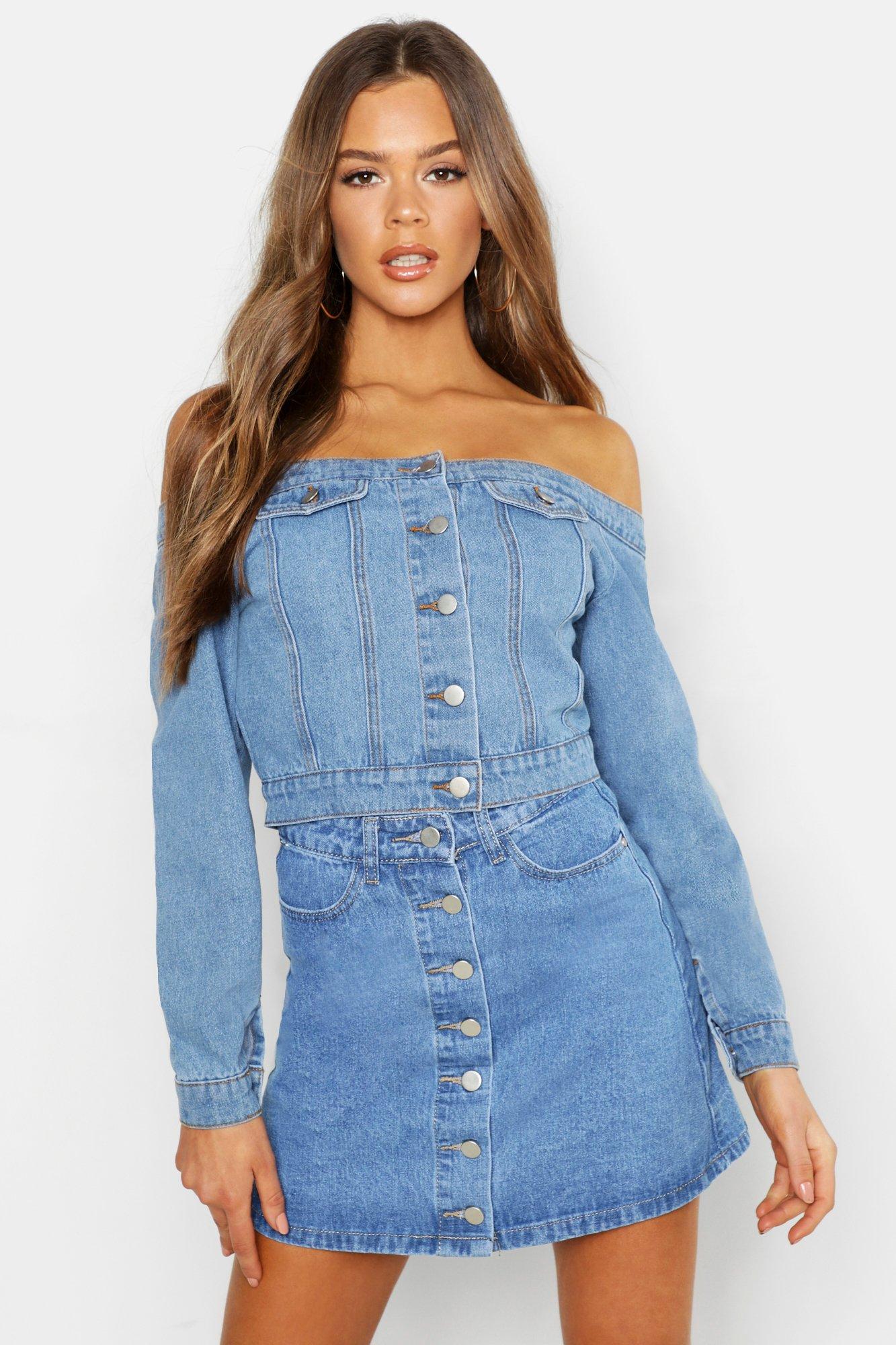 Boohoo denim off the shoulder clearance dress